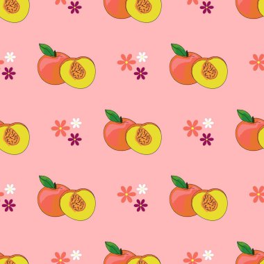 Şeftali aromalı kusursuz desenler. Şeftalinin botanik çizimi. 
