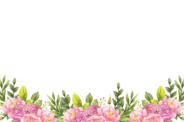 Çiçek açan botanik suluboya çiçekler sınır çerçevesi. Beyaz arkaplanda renkli çiçekler.