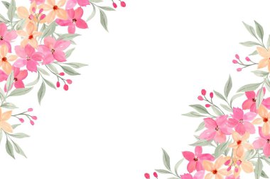 Çiçek açan botanik suluboya çiçekler sınır çerçevesi. Beyaz arkaplanda renkli çiçekler.