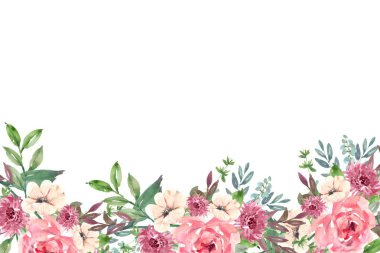 Çiçek açan botanik suluboya çiçekler sınır çerçevesi. Beyaz arkaplanda renkli çiçekler.