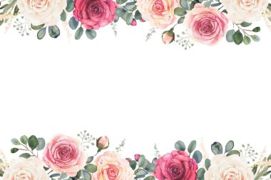 Düğün, doğum günü, kart, arkaplan, davetiye, duvar kağıdı, çıkartma, dekorasyon için suluboya çiçek sınırı.