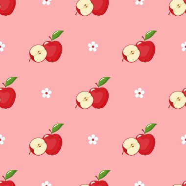 Çizgi filmdeki elmasız desen. Kırmızı elmalar ve çiçek çiçekleri. Çiçek açan bahçe, kumaş ve ambalaj izi tasarımı, müstehcen vektör arkaplanı