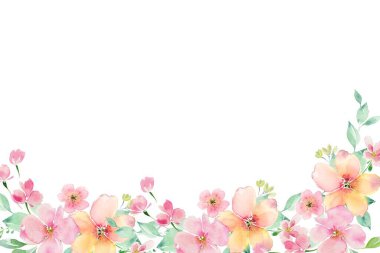 Düğün, doğum günü, kart, arkaplan, davetiye, duvar kâğıdı, çıkartma, dekorasyon vesaire için pembe pastel suluboya çiçek sınırı.