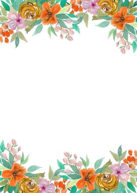 Düğün, doğum günü, kart, arkaplan, davetiye, duvar kağıdı, çıkartma, dekorasyon için suluboya çiçek sınırı.