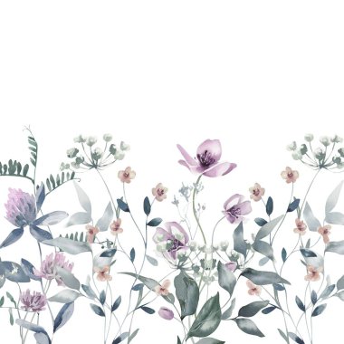 Çiçek açan botanik çiçekleri sınır çerçevesi. Beyaz arka planda renkli yabani çiçek. Renkli bahçe vektör illüstrasyonu.