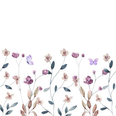 Soyut, narin kır çiçekleriyle kusursuz bir sınır. Kapak, arkaplan, davet veya tebrik kartları için izole suluboya çiçek çizimi, dekoratif tasarım deseni.