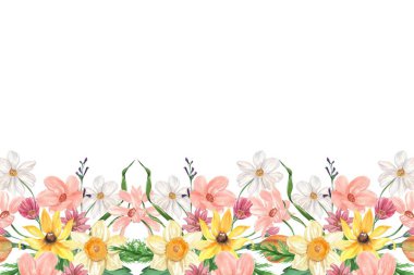 Çiçek açan botanik çiçekleri sınır çerçevesi. Beyaz arka planda renkli yabani çiçek. Renkli bahçe vektör illüstrasyonu.