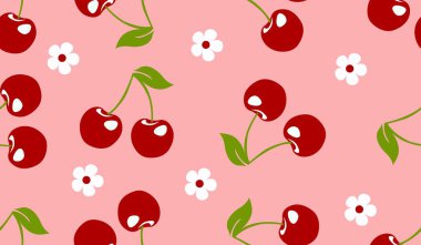Kusursuz kırmızı kiraz desenli tasarım, düz kiraz desenli şablon vektörü