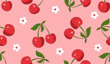 Kusursuz kırmızı kiraz desenli tasarım, düz kiraz desenli şablon vektörü