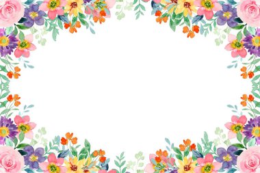 Suluboya çiçekleri tasarım için çerçeve. Çiçeksel sınır çerçevesi şablonu. Vektör tasarımı çizimi. Pankart için, düğün kartı..