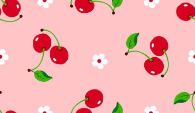 Kusursuz kırmızı kiraz desenli tasarım, düz kiraz desenli şablon vektörü