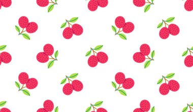 Kırmızı lychee arka plan elementlerinin beyaza izole edilmiş kusursuz deseni. Sağlıklı beslenme kavramı. Duvar kağıdı, kumaş, baskı tasarımı için uygun.