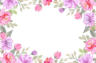 Beyaz arka planda suluboya çiçeksiz sınır çerçevesi. Renkli büyüyen yabani çiçekler, bitkiler, yapraklar ve dallar.