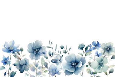 Çiçek açan botanik çiçekleri. Kenar çerçeve yumuşak renk. Beyaz arka planda yabani çiçekler ve kelebekler.