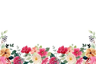 Çiçek açan botanik çiçekleri sınır çerçevesi. Beyaz arka planda renkli yabani çiçek. Renkli bahçe vektör illüstrasyonu.