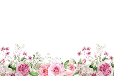 Çiçek açan botanik çiçekleri sınır çerçevesi. Beyaz arka planda renkli yabani çiçek. Renkli bahçe vektör illüstrasyonu.