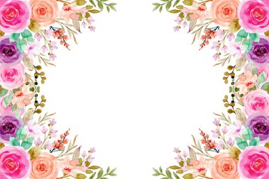 Çiçek açan botanik çiçekleri sınır çerçevesi. Beyaz arka planda renkli yabani çiçek. Renkli bahçe vektör illüstrasyonu.