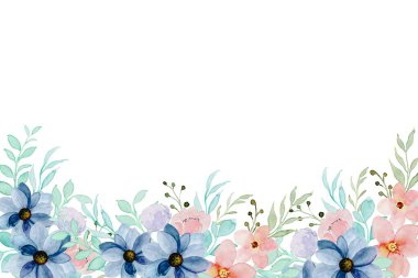 Suluboya çiçek çerçevesi, çiçekli kenar beyaz arka planda izole edilmiş.