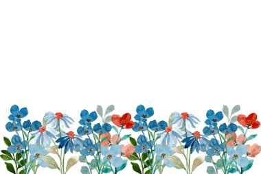 Suluboya çiçek çerçevesi, çiçekli kenar beyaz arka planda izole edilmiş.