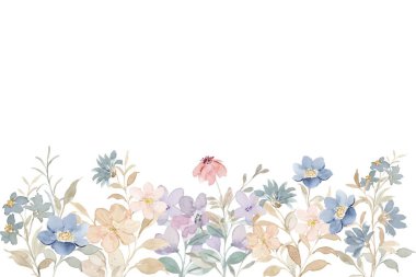 Suluboya çiçek çerçevesi, çiçekli kenar beyaz arka planda izole edilmiş.