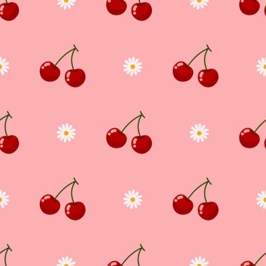 Kusursuz kırmızı kiraz desenli tasarım, düz kiraz desenli şablon vektörü.