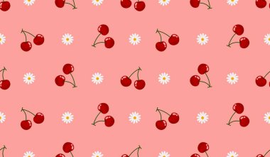 Kusursuz kırmızı kiraz desenli tasarım, düz kiraz desenli şablon vektörü.