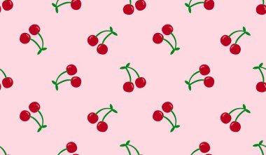 Kusursuz kırmızı kiraz desenli tasarım, düz kiraz desenli şablon vektörü.