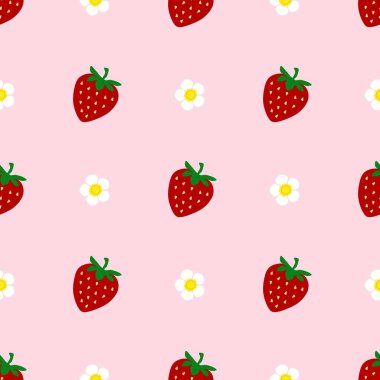 Strawberry flowers summer seamless vector children's pattern. 
