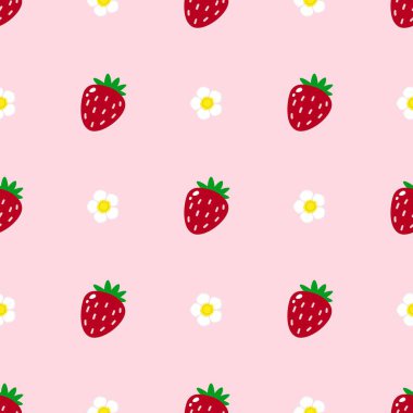 Strawberry flowers summer seamless vector children's pattern. 