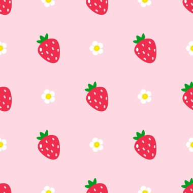 Strawberry flowers summer seamless vector children's pattern. 