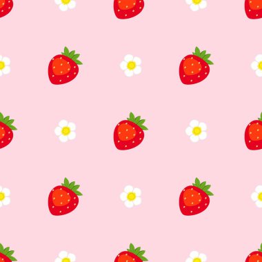 Strawberry flowers summer seamless vector children's pattern. 