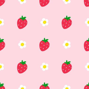 Strawberry flowers summer seamless vector children's pattern. 
