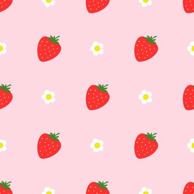 Strawberry flowers summer seamless vector children's pattern. 