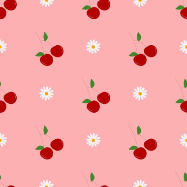 Kusursuz kırmızı kiraz desenli tasarım, düz kiraz desenli şablon vektörü.