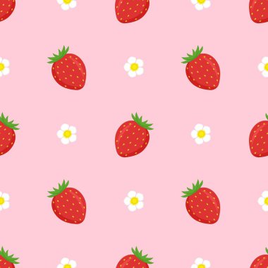 Strawberry flowers summer seamless vector children's pattern. 