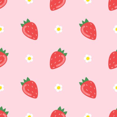 Strawberry flowers summer seamless vector children's pattern. 