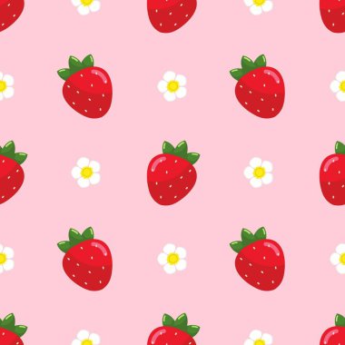 Strawberry flowers summer seamless vector children's pattern. 