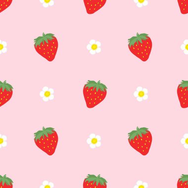 Strawberry flowers summer seamless vector children's pattern. 