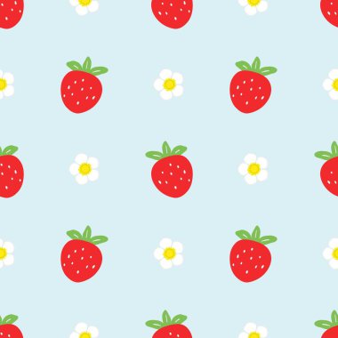 Strawberry flowers summer seamless vector children's pattern. 