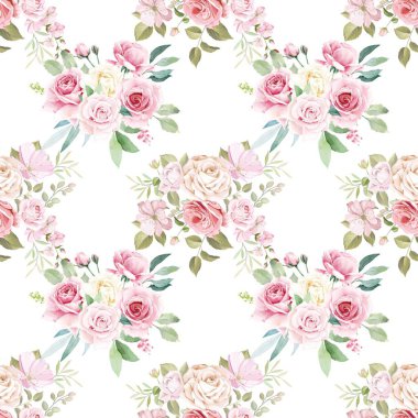 Beyaz arka planda tatlı bir suluboya deseni var. Güzellik ürünleri veya diğer ürünler için suluboya desen.