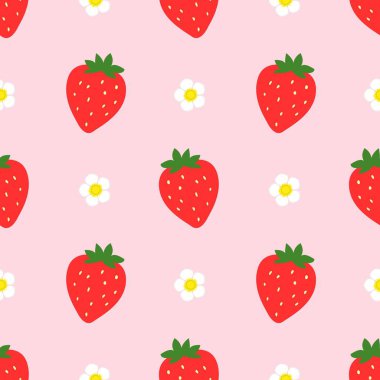 Strawberry flowers summer seamless vector children's pattern. 