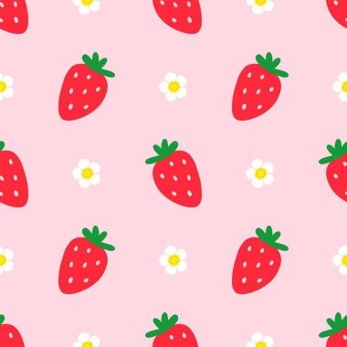 Strawberry flowers summer seamless vector children's pattern. 