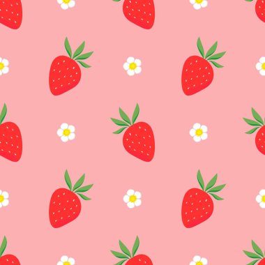 Strawberry flowers summer seamless vector children's pattern. 