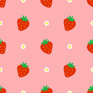 Strawberry flowers summer seamless vector children's pattern. 