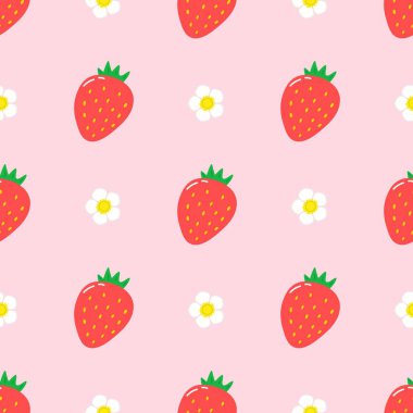 Strawberry flowers summer seamless vector children's pattern. 