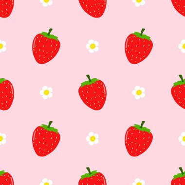 Strawberry flowers summer seamless vector children's pattern. 