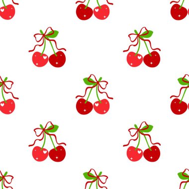 Kusursuz kırmızı kiraz desenli tasarım, düz kiraz desenli şablon vektörü.