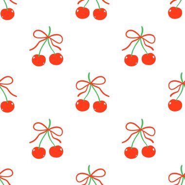 Kusursuz kırmızı kiraz desenli tasarım, düz kiraz desenli şablon vektörü.