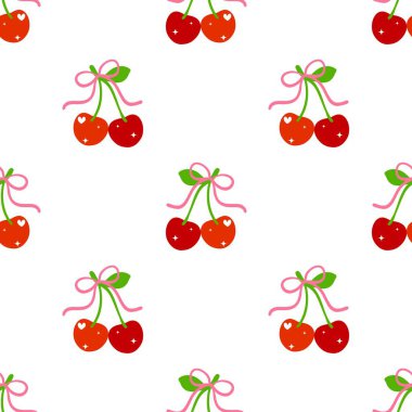 Kusursuz kırmızı kiraz desenli tasarım, düz kiraz desenli şablon vektörü.