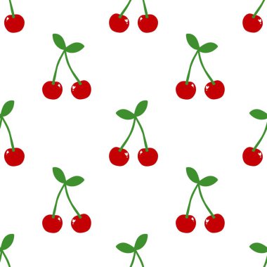 Kusursuz kırmızı kiraz desenli tasarım, düz kiraz desenli şablon vektörü.